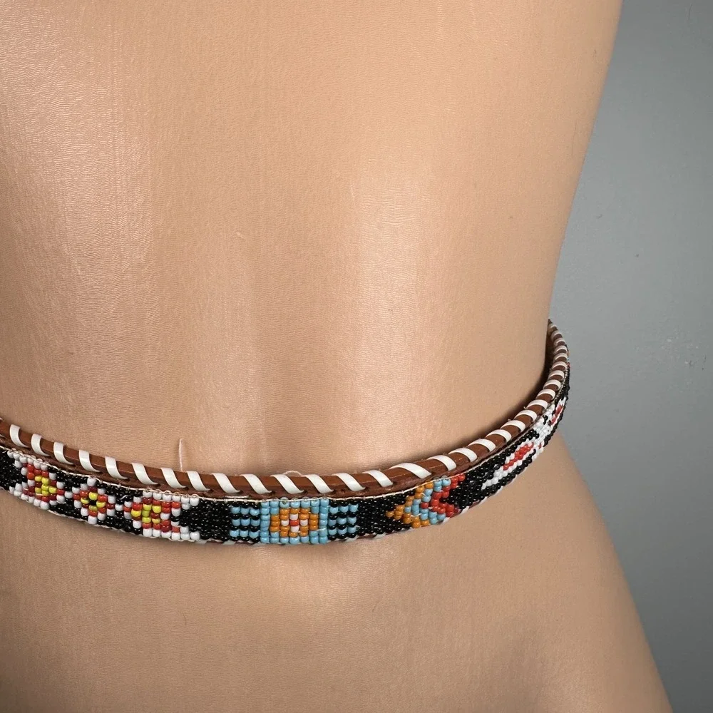 Womans Indian Hand Beaded Leather Belt Adjustable Bird Colorful